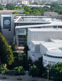 Aerial view of a campus with a tree-lined walkway and reflective pools, surrounded by modern buildings.